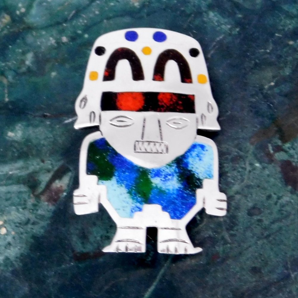 SOLD----Vintage Peruvian Brooch Pin Incan god 925 Sterling Silver Enamel Inlay